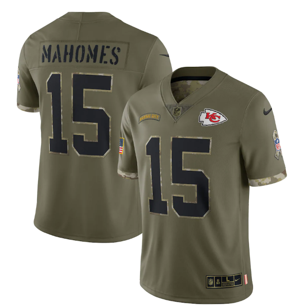 Men's Kansas City Chiefs #15 Patrick Mahomes Olive 2022 Salute To Service Limited Stitched Jersey